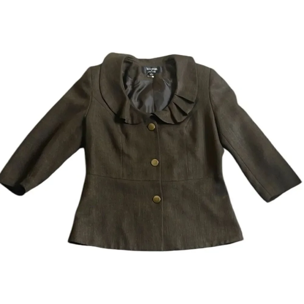 Larry Levine Ruffled Collar Blazer Jacket Size10 Brown Herringbone Tweed Career